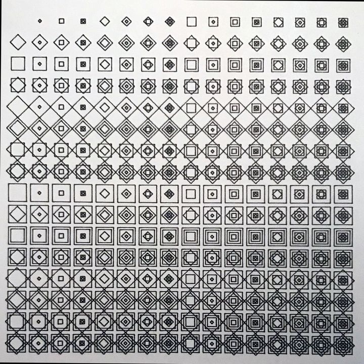 8 bits rotating and shrinking squares, black on white, ordered