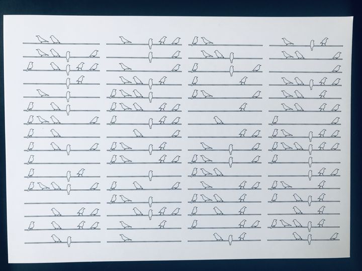 6 bits birds on a branch, black on white, branches shuffled; birds in sequence