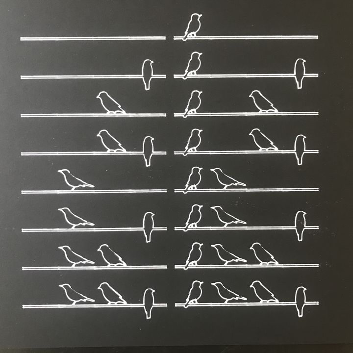 4 bits birds on a branch, white on black, branches and birds in sequence