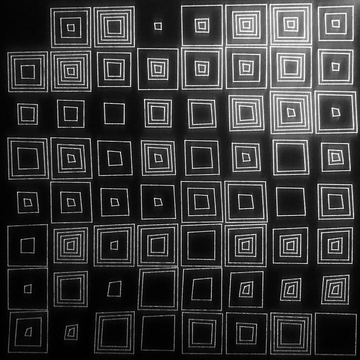 6 bits binary squares, noisy, silver on black, shuffled