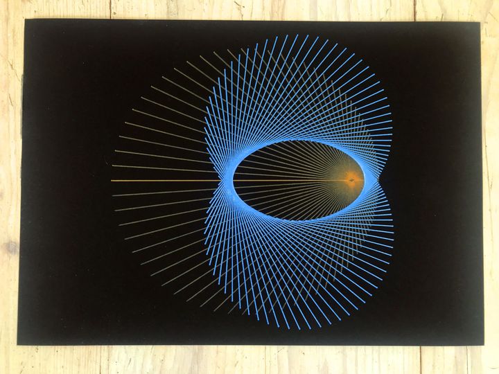 Feynmans 3B1B ellips, blue and brown on black paper