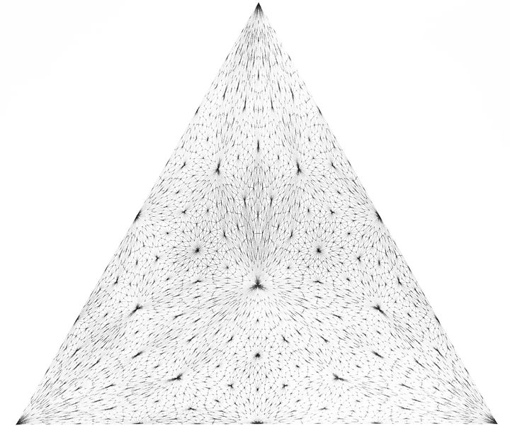 Triangles in triangles, 7 recursive steps, black on white. Equilateral triangle