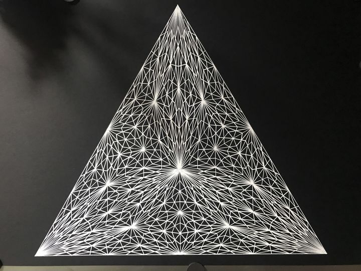 Triangles in triangles, 6 recursive steps, white on black. Equilateral triangle