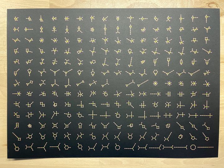 Eight matchsticks, all 207 configurations, gold and red on black